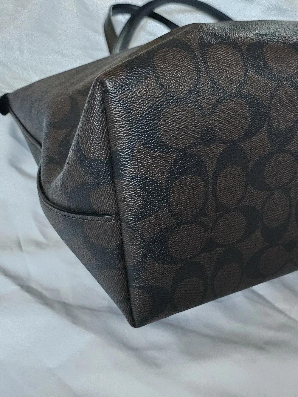 COACH Brown Signature Canvas Tote with Black Leather Straps